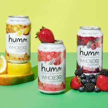Humm Whole30 Approved Kombucha Variety Pack, Mango Lemon, Mixed Berry, Strawberry Blossom, Organic, Vegan & GMO Free (12 Pack)