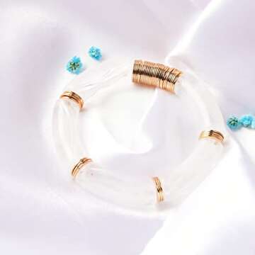 GOOJIDS Bamboo Tube Bangles Bracelet Chunky Curved Stacking Clear Acrylic Colorful Beads Stretchable Friendship Gold Bracelets Gift For Women (N-Gold Disc&Clear Flower)