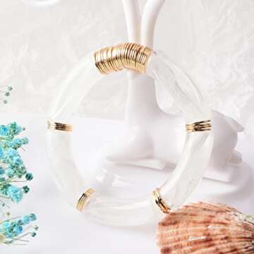 GOOJIDS Bamboo Tube Bangles Bracelet Chunky Curved Stacking Clear Acrylic Colorful Beads Stretchable Friendship Gold Bracelets Gift For Women (N-Gold Disc&Clear Flower)