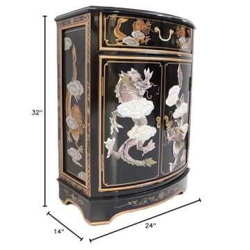 Oriental Furnishings Dragon Mother of Pearl Inlaid Cabinet with Drawer and Doors.