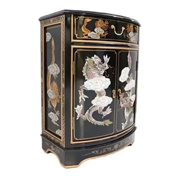 Oriental Furnishings Dragon Mother of Pearl Inlaid Cabinet with Drawer and Doors.