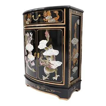 Oriental Furnishings Dragon Mother of Pearl Inlaid Cabinet with Drawer and Doors.