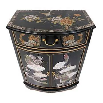 Oriental Furnishings Dragon Mother of Pearl Inlaid Cabinet with Drawer and Doors.