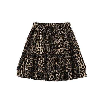 SheIn Women's Leopard Print Drawstring Waist Layer Ruffle Hem Short Skirt Deep Brown Large