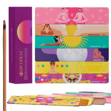 BRAHMAS Incense Sticks Variety Pack | 6 x 15 Sticks Each of Nag Champa, Sandalwood, Lavender, Patchouli, Eucalyptus, Rose | Organic Incense Sticks Non Toxic | Meditation Accessories | Spiritual Gifts