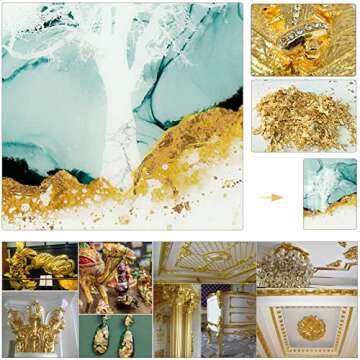 Yuegit 200 Pieces Imitation Gold Leaf Sheets : Gold Foil Sheets Gold Flakes for Resin, DIY Art, Gilding Crafts, Paintings, Nail Art, Frames, Home Decoration 5.5X5.5 Inch (Gold,Silver Each 100 pcs)