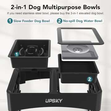 UPSKY 2-in-1 Elevated Dog Bowls Slow Feeder, 4 Height Adjustable Raised Dog Bowl Stand No Spill Dog Water Bowl Dispenser, Anti-Slip Dog Food and Water Bowl for Small Medium Dogs, Black