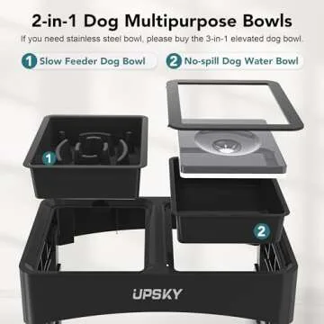 UPSKY 2-in-1 Elevated Dog Bowls Slow Feeder, 4 Height Adjustable Raised Dog Bowl Stand No Spill Dog Water Bowl Dispenser, Anti-Slip Dog Food and Water Bowl for Small Medium Dogs, Black