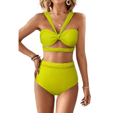 SPORLIKE SporlikeWomen High Waisted Bikini Braided Swimsuit Padded Bathing Suit(Bottle Green,Small)