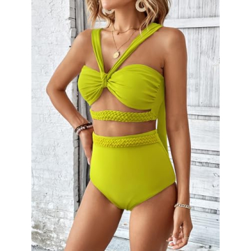 SPORLIKE SporlikeWomen High Waisted Bikini Braided Swimsuit Padded Bathing Suit(Bottle Green,Small)