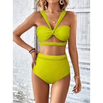 SPORLIKE SporlikeWomen High Waisted Bikini Braided Swimsuit Padded Bathing Suit(Bottle Green,Small)