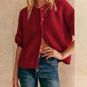 Hixiaohe Cardigan Sweater for Women Long Sleeve Button Y2K Chunky Knit Sweater Fall Casual Open Front Outwear Knitwear Coat(Dark-Red,XS)