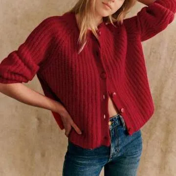 Hixiaohe Cardigan Sweater for Women Long Sleeve Button Y2K Chunky Knit Sweater Fall Casual Open Front Outwear Knitwear Coat(Dark-Red,XS)