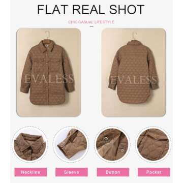 EVALESS Diamond Quilted Jackets for Women Lightweight Collar Long Sleeve Button Down Puffer Jacket Warm Winter Coat Outerwear with Pockets Brown X-Large