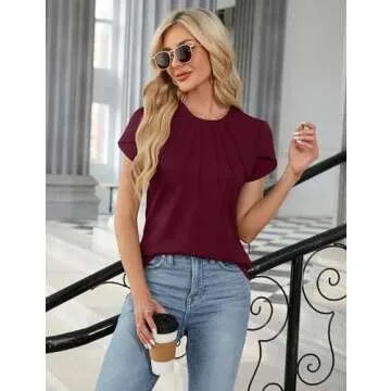 Blooming Jelly Womens Dressy Casual Blouses Pleated Business T Shirts Crewneck Work Tops Short Sleeve Waffle Kint Summer Tee(Medium,Wine Red)