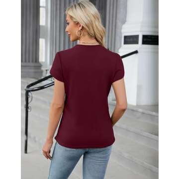 Blooming Jelly Womens Dressy Casual Blouses Pleated Business T Shirts Crewneck Work Tops Short Sleeve Waffle Kint Summer Tee(Medium,Wine Red)