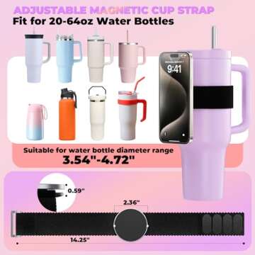 Water Bottle Accessories for Stanley Cup 30 oz 40 oz Tumbler with Handle Owala FreeSip Water Bottle 32oz 40 oz, Magnetic Phone Holder Strap for Magsafe Gym Exercise to Hold Keys and Cell Phone
