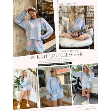Ekouaer Knit Pajamas Set for Women Lounge Sets Long Sleeve Sweatsuit Matching 2 Piece Outfits Cute Sweater Sets Floral Blue S