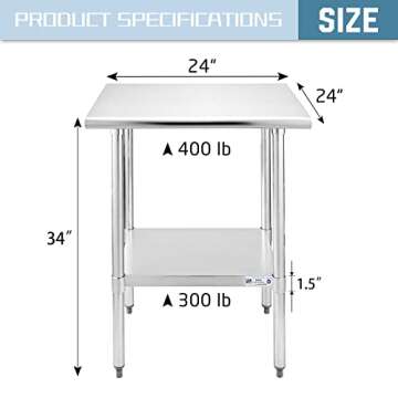 Hally Sinks & Tables H Stainless Steel Table for Prep & Work 24 x 24 Inches, NSF Commercial Heavy Duty Table with Undershelf and Galvanized Legs for Restaurant, Home and Hotel