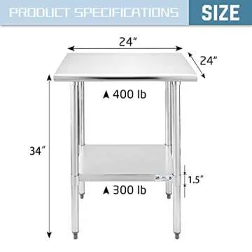 Hally Sinks & Tables H Stainless Steel Table for Prep & Work 24 x 24 Inches, NSF Commercial Heavy Duty Table with Undershelf and Galvanized Legs for Restaurant, Home and Hotel