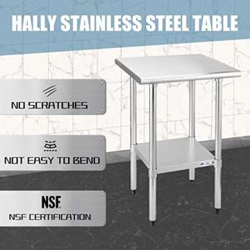 Hally Sinks & Tables H Stainless Steel Table for Prep & Work 24 x 24 Inches, NSF Commercial Heavy Duty Table with Undershelf and Galvanized Legs for Restaurant, Home and Hotel
