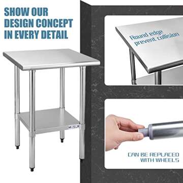 Hally Sinks & Tables H Stainless Steel Table for Prep & Work 24 x 24 Inches, NSF Commercial Heavy Duty Table with Undershelf and Galvanized Legs for Restaurant, Home and Hotel