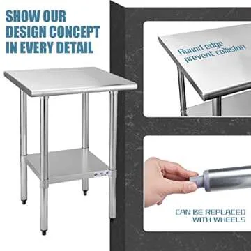 Hally Sinks & Tables H Stainless Steel Table for Prep & Work 24 x 24 Inches, NSF Commercial Heavy Duty Table with Undershelf and Galvanized Legs for Restaurant, Home and Hotel