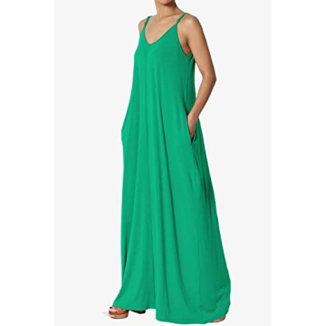 TheMogan Women's Casual V-Neck Draped Jersey Cami Long Maxi Dress W Pocket Summer Beach Kelly Green M