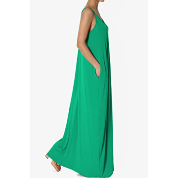 TheMogan Women's Casual V-Neck Draped Jersey Cami Long Maxi Dress W Pocket Summer Beach Kelly Green M