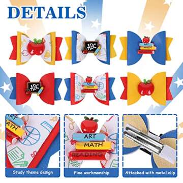 Whaline 6Pcs Bow Hair Clips: Apple, Blackboard Barrettes in Colorful Pu Leather for First Day of School, Classroom Girls, Students, Kindergarten
