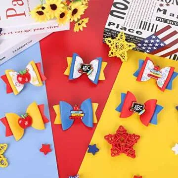 Whaline 6Pcs Bow Hair Clips: Apple, Blackboard Barrettes in Colorful Pu Leather for First Day of School, Classroom Girls, Students, Kindergarten