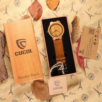 CUCOL Men's Bamboo Wooden Watch with Brown Cowhide Leather Strap Japanese Quartz Movement Casual Wat...
