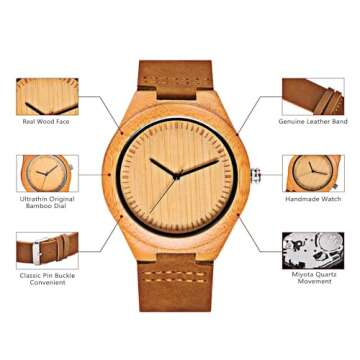 CUCOL Men's Bamboo Wooden Watch with Brown Cowhide Leather Strap Japanese Quartz Movement Casual Watches
