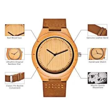 CUCOL Men's Bamboo Wooden Watch with Brown Cowhide Leather Strap Japanese Quartz Movement Casual Watches