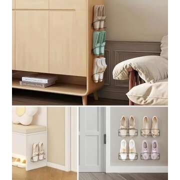 PrimZooty Wall Mounted Shoe Rack 4Pack, with Sticky Hanging Strips, Metal Wall Shoe Storage, Hanging Shoe Organizer for Wall/RV/Door