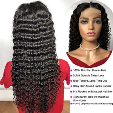 wenyu Deep Wave Transparent Lace Front Wigs Human Hair Wig 4x4 Lace Frontal Curly Human Hair Wigs for Black Women Deep Wave Human Hair Lace Closure Wigs Human Hair Curly Lace Front Wig Human Hair