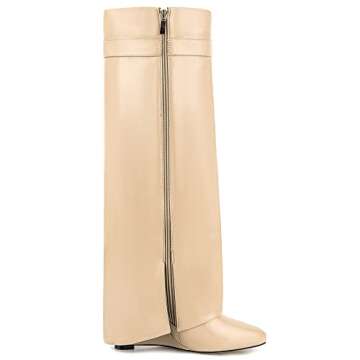 CDHYX Fold Over Boots for Women Pointy Pull-on Wedge Heel Knee Shark Boot With Side Zipper Padlock Design