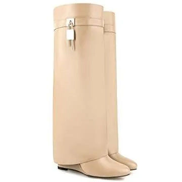 CDHYX Fold Over Boots for Women Pointy Pull-on Wedge Heel Knee Shark Boot With Side Zipper Padlock Design