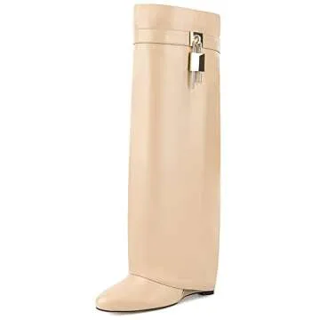 CDHYX Fold Over Boots for Women Pointy Pull-on Wedge Heel Knee Shark Boot With Side Zipper Padlock Design