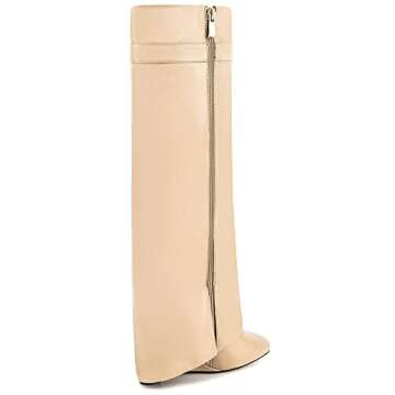 CDHYX Fold Over Boots for Women Pointy Pull-on Wedge Heel Knee Shark Boot With Side Zipper Padlock Design