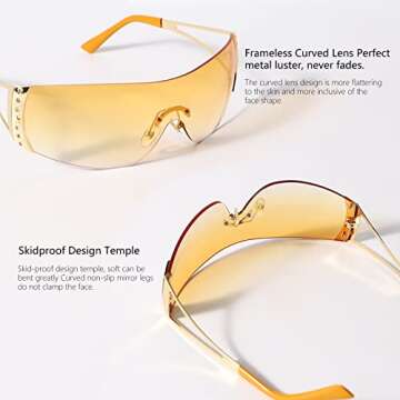 GUVIVI Wrap Around Y2K Sunglasses for Women Men Shield Flat Top Black Sunglasses Futuristic Frameless Gradient Lens Sun Glasses Eyewear