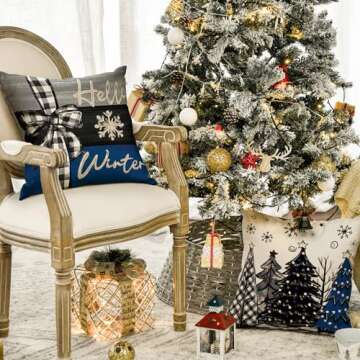 AVOIN colorlife Merry Christmas Joy Xmas Trees Blue and Black Throw Pillow Covers, 18 x 18 Inch Christmas Winter Holiday Cushion Case Decoration for Sofa Couch Set of 4