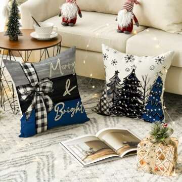 AVOIN colorlife Merry Christmas Joy Xmas Trees Blue and Black Throw Pillow Covers, 18 x 18 Inch Christmas Winter Holiday Cushion Case Decoration for Sofa Couch Set of 4