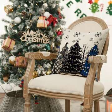 AVOIN colorlife Merry Christmas Joy Xmas Trees Blue and Black Throw Pillow Covers, 18 x 18 Inch Christmas Winter Holiday Cushion Case Decoration for Sofa Couch Set of 4