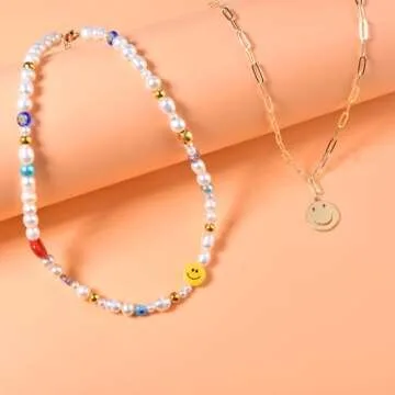 Miss Pink Beaded Pearl Layered Necklace Preppy 14K Gold Plated Necklace Choker Paperclip Trendy Y2K Bead Necklace For Women Teen Freshwater Pearl Necklace