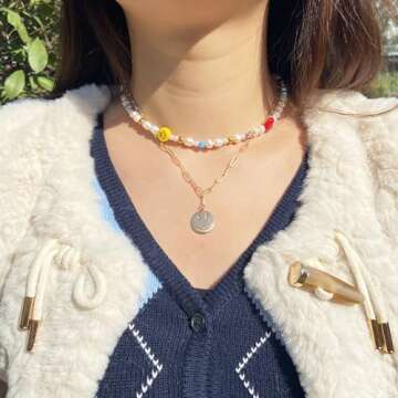 Miss Pink Beaded Pearl Layered Necklace Preppy 14K Gold Plated Necklace Choker Paperclip Trendy Y2K Bead Necklace For Women Teen Freshwater Pearl Necklace