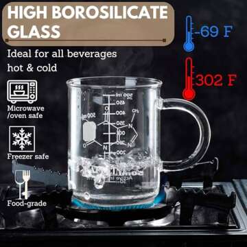 Caffeine Beaker Mug 17 oz (500ml) with Metal Spoon - Chemistry Mug - Borosilicate Glass Coffee Mugs with Handle and Measuring for Coffee/Latte/Tea - Caffeine Molecule Cup - Science Coffee Mug