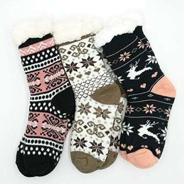 Women's Winter Thermal Ski Socks Geometric Snowflake Deer Pattern Double Layer Crew 3 Pairs Size 9-1...