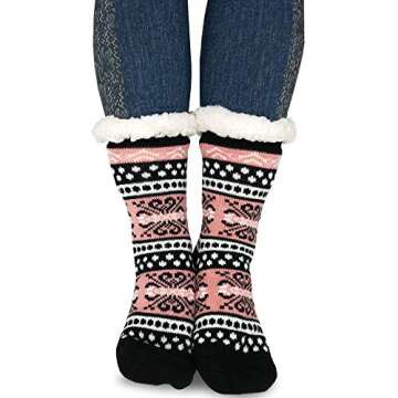 Women's Winter Thermal Ski Socks Geometric Snowflake Deer Pattern Double Layer Crew 3 Pairs Size 9-11 Non-Skid Bottoms