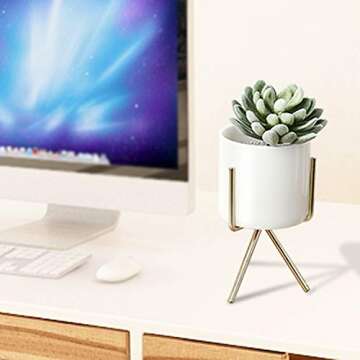 Plant Stand for Desk Indoor, Mid Century Flower Pot Holder Small Decorative Mini Cactus Artificial Plants Container for House, Garden & Patio Office and Bedroom (Gold)